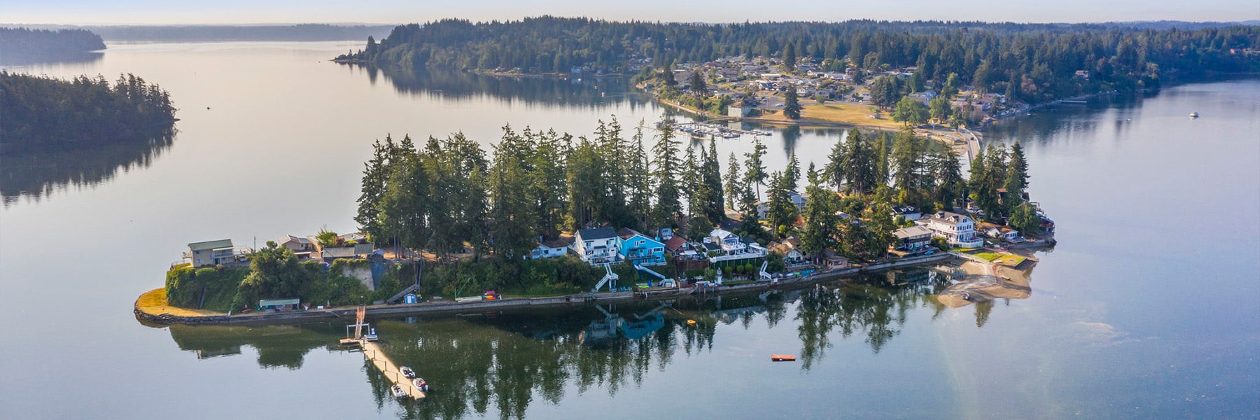 Scenic aerial view of forested island and waterfront homes.