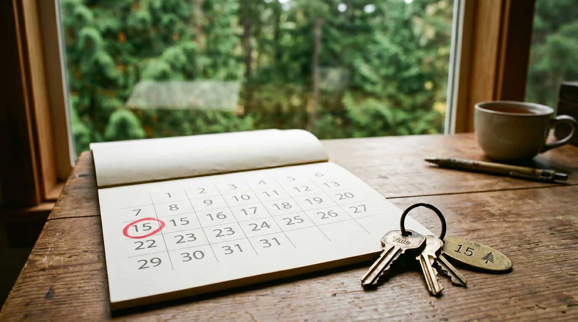 Calendar with a circled closing date and a set of house keys, Pacific Northwest window light behind.