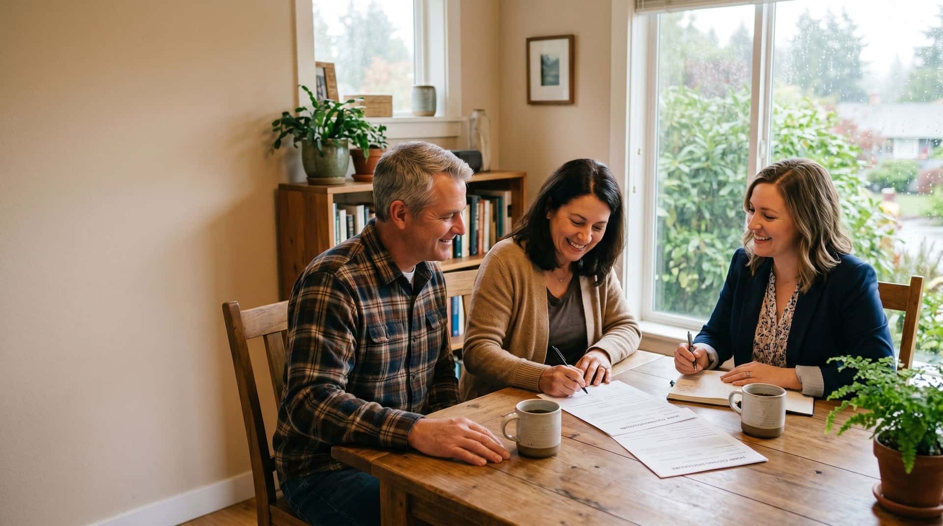 A smiling couple sits at a wooden table with coffee mugs, signing documents as a woman in business attire guides them. The room is bright with natural light, plants, and bookshelves in the background.