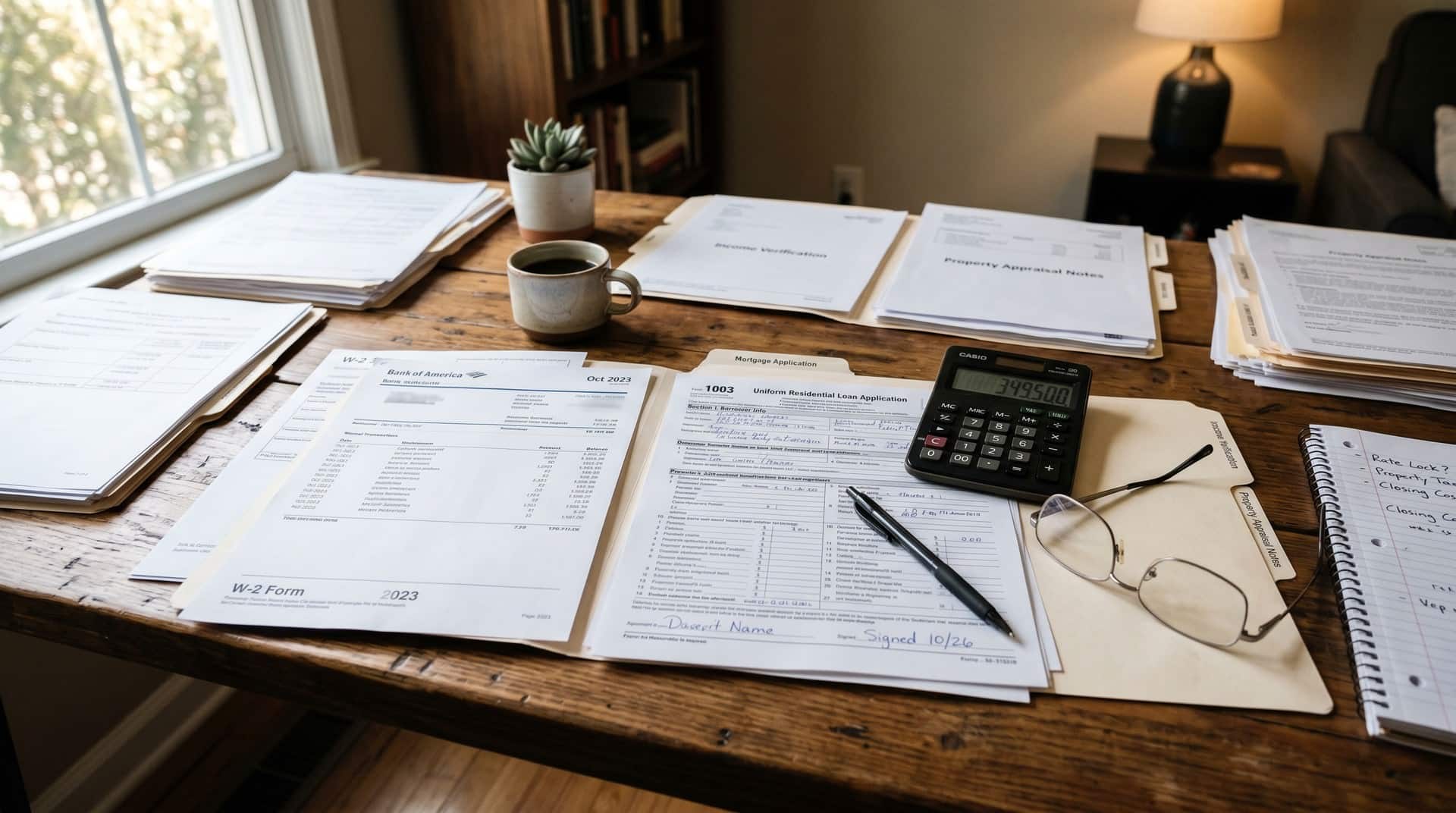 Bank statements, a mortgage application, calculator and pen on a home buyer's desk before closing.