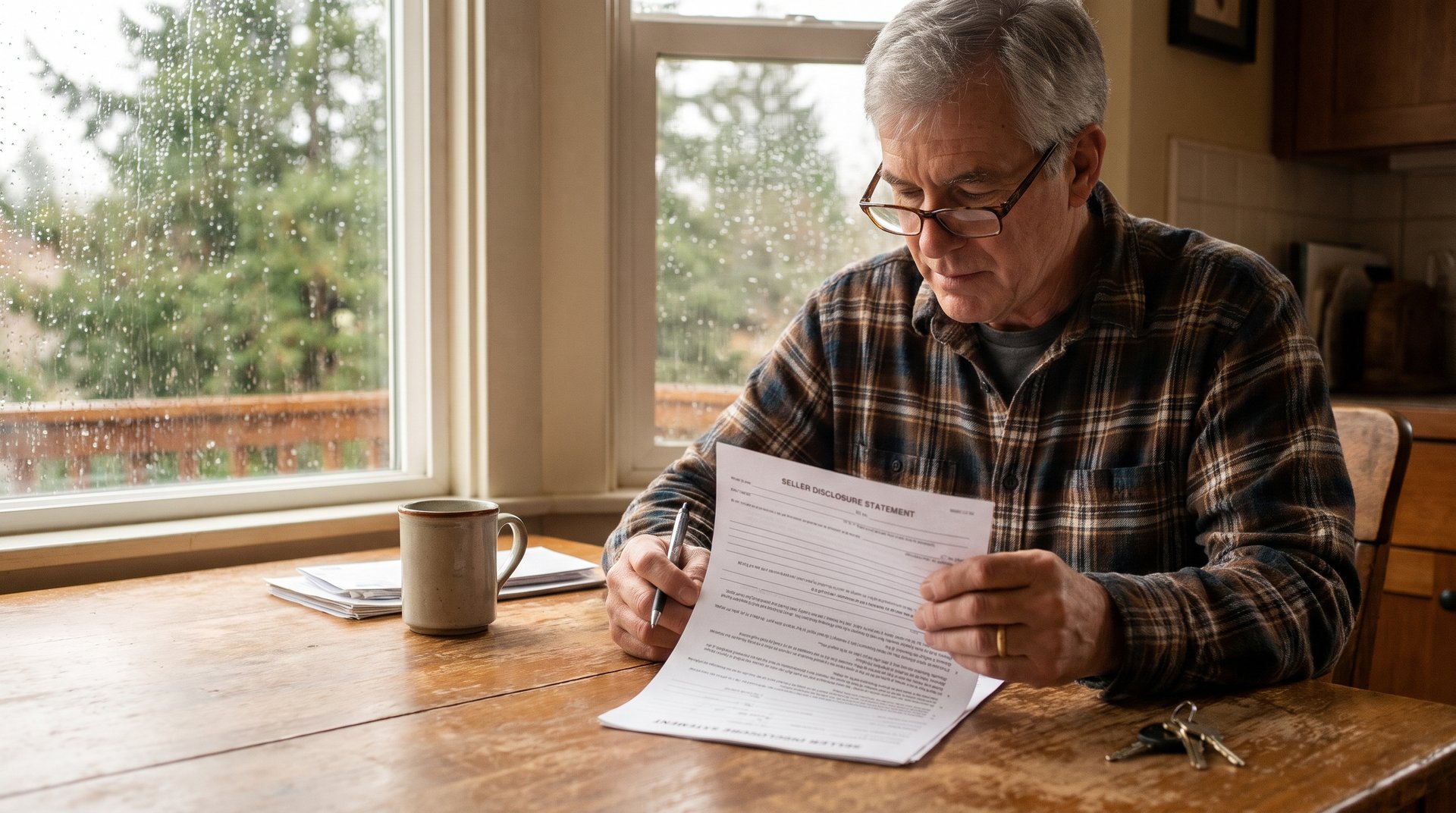 A Washington home seller filling out a paper Form 17 seller disclosure statement at a kitchen table