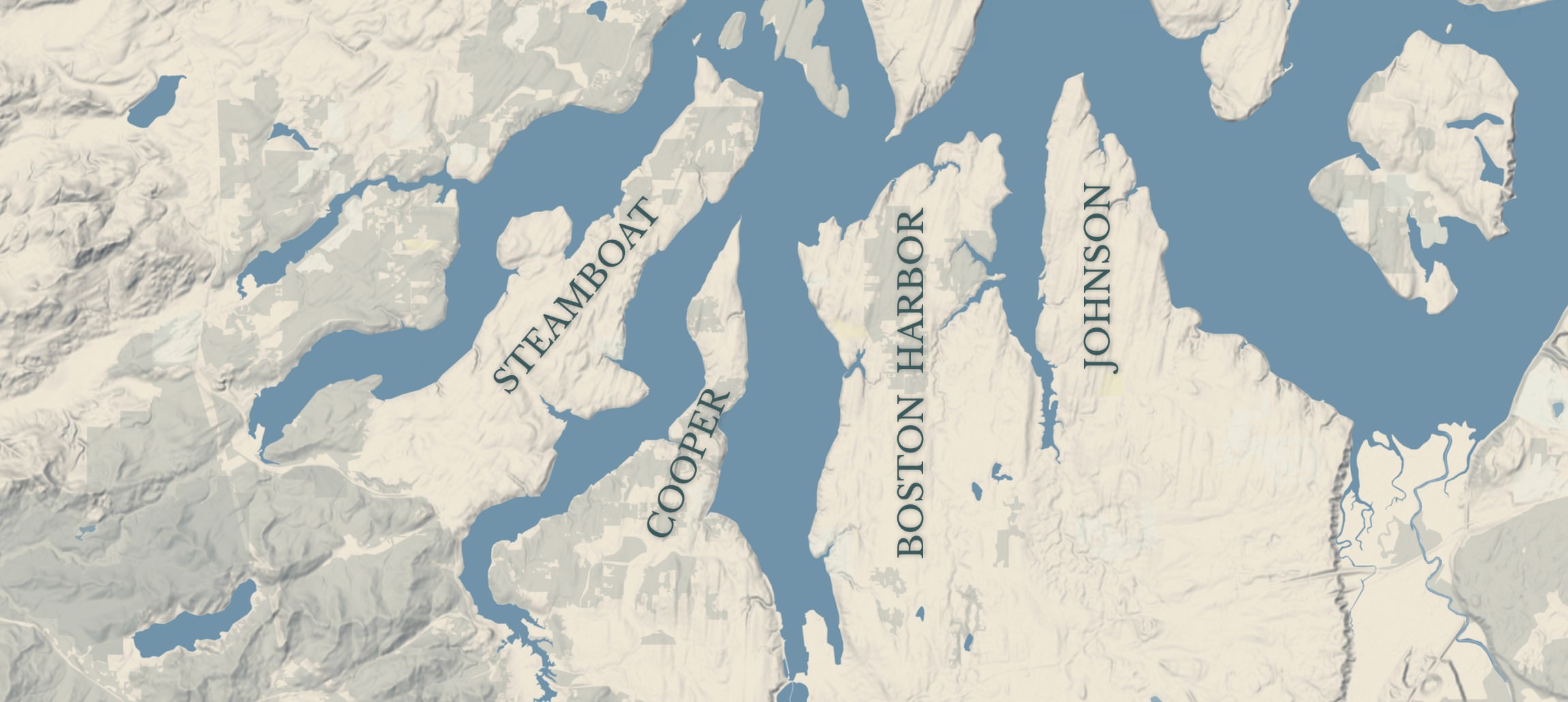 A shaded map shows four peninsulas—Steamboat, Cooper, Boston Harbor, and Johnson—extending into a blue body of water, highlighting key areas for Thurston County waterfront real estate and Puget Sound waterfront properties.
